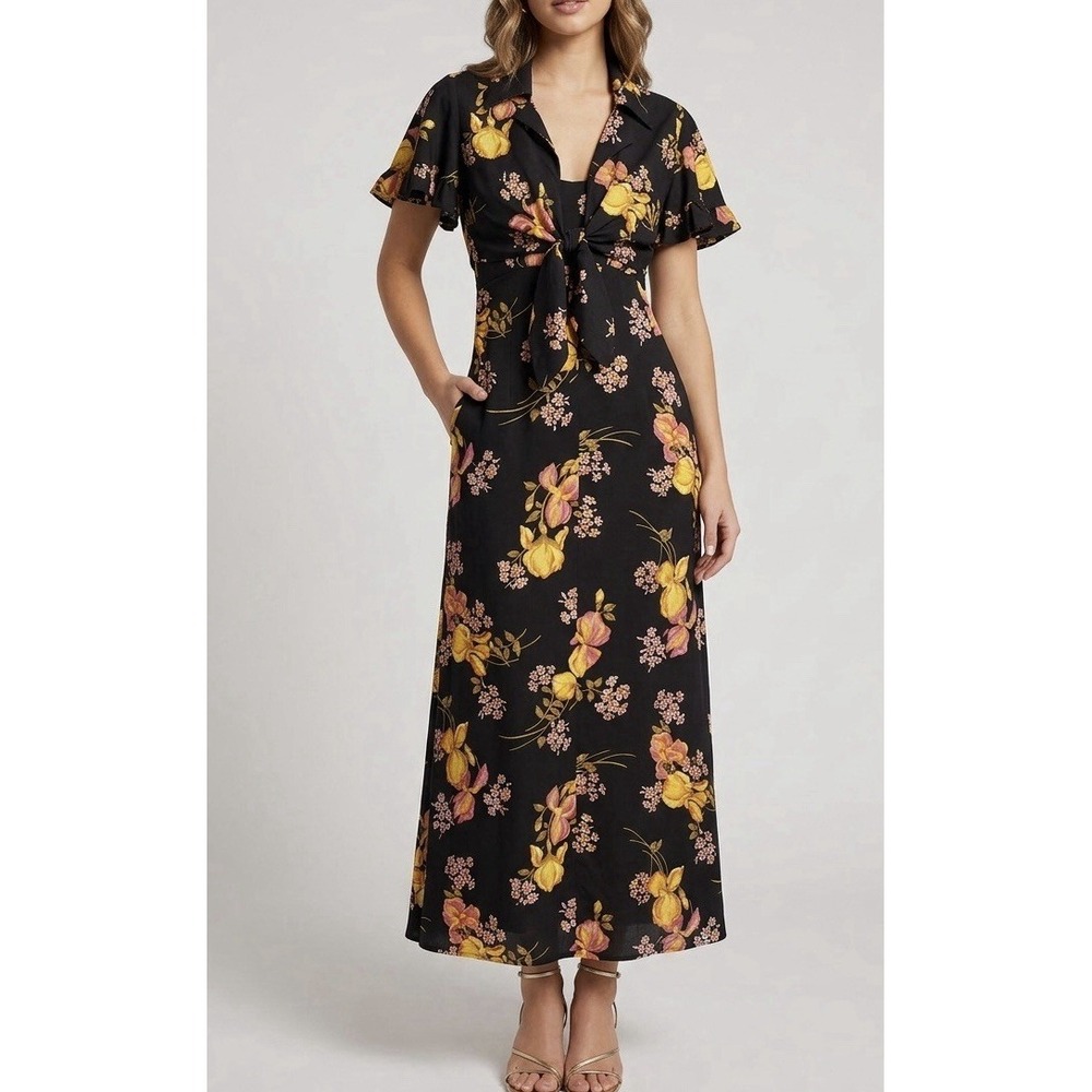 Vtg 70s Black Floral Maxi Dress & Matching Tie-Front Shrug Set 2 PCS Size 7